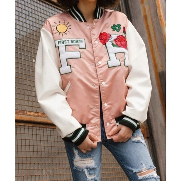 First Row Easy Hours Varsity Letter Contrast Patch Bomber Jacket Snap Pink Small - Picture 15 of 16